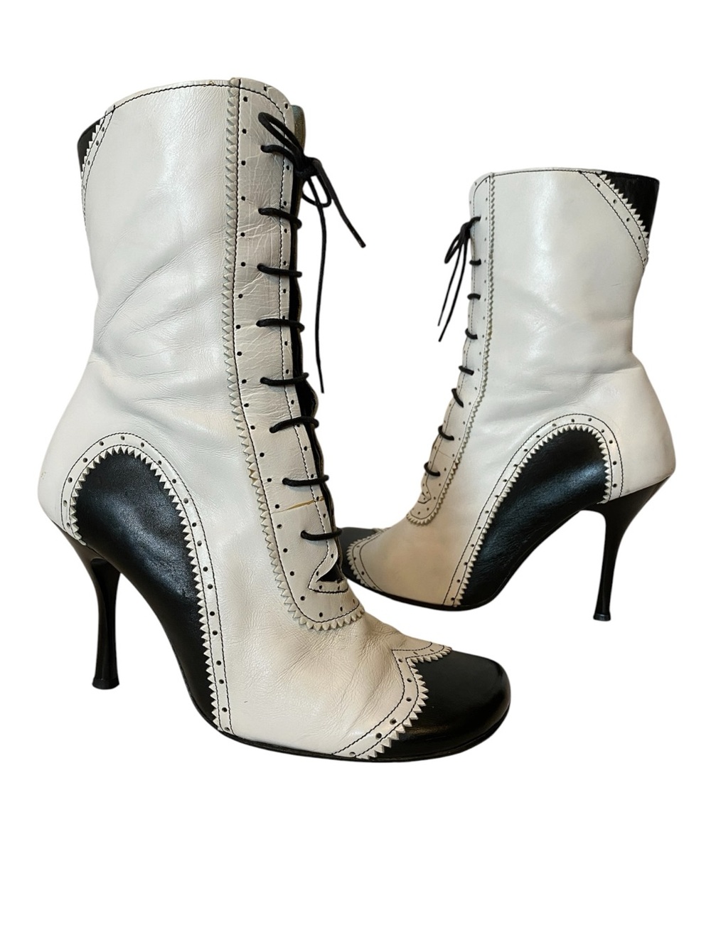 Vtg M.C. & Power Black White Leather Spectator Lace-Up Heeled Boots 38 Steampunk